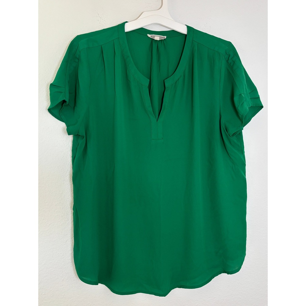 Pleione Womens Kelly Green Split Neck Short Sleeve Blouse Top Size Large